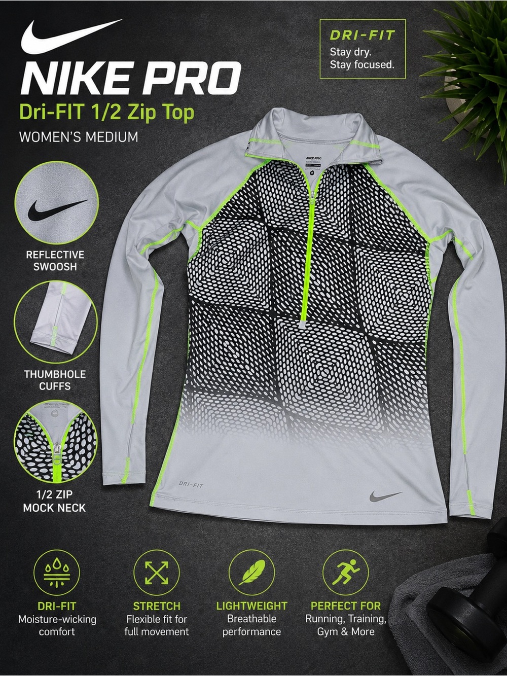 Nike Pro Dri-FIT 1/2 Zip Running Training Top Gray Neon Green Women’s M